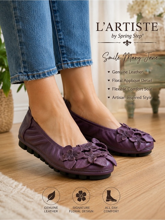 L'artiste Shoes - L’Artiste Smile Mary Jane Flats Purple Leather Floral Shoes US 6.5 - 7 EU 37